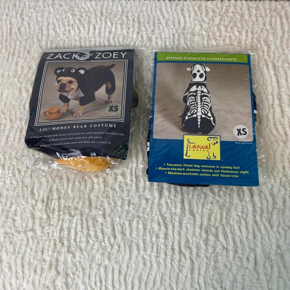 Two Pet Dog Cat Costumes Size XS Skeleton & Honey Bear Dress Up